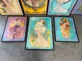 four framed pictures of women in art nouveau style on the floor