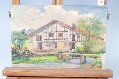 Travail Basque, XXème Paysage Aquarelle sur papier Signée en…