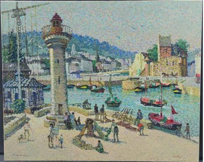 a painting of a lighthouse in a harbor with boats in the water