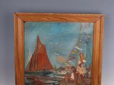 an oil painting of a woman and a sailboat in a wooden frame