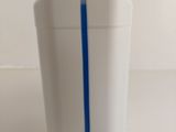 a white container with a blue stripe on the side of it
