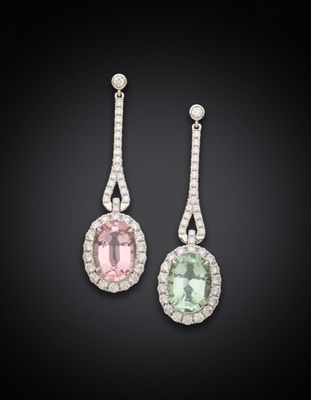 a pair of pink and green tourmaline and diamond earrings
