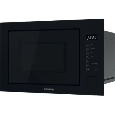 Le micro-ondes est noir et comporte une horloge numérique sur la façade.