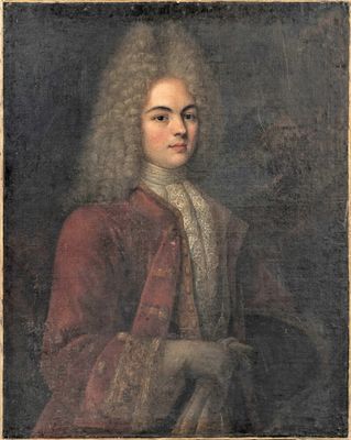 un tableau représentant un homme aux cheveux longs, vêtu d'un manteau rouge