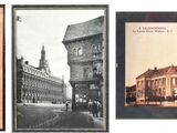 three framed photographs of old buildings and a clock tower