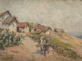 painting of a man riding a bike down a dirt road next to a building