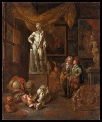 an image of a painting of a man in a room with a statue in the background