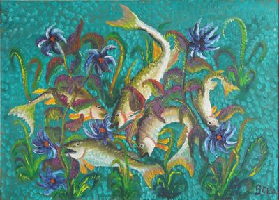 BELA (1940-1968) La danse des poissons, huile sur panneau, s…