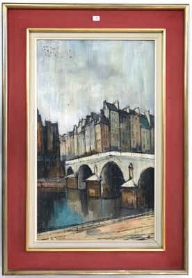 une peinture à l'huile représentant un pont sur une rivière avec des bâtiments à l'arrière-plan