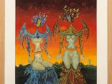 a painting of two women sitting on top of a grass covered field
