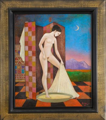 un tableau représentant une femme nue debout dans une pièce au sol carrelé
