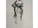a black and white drawing of a woman in a dress