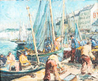 un tableau représentant un groupe de personnes sur un quai
