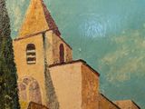 a painting of a church with a steeple on it