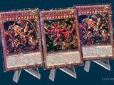trois cartes d'un jeu de cartes sont exposées sur un présentoir