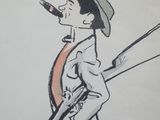 cartoon drawing of a man in a hat holding a rifle and smoking a pipe