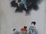 a picture of a painting of a woman and a man on a horse