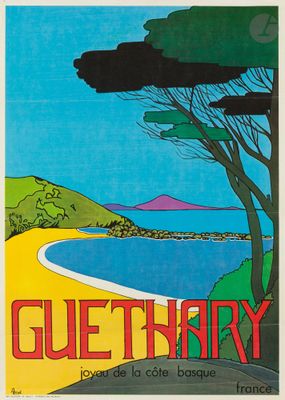 une affiche de voyage vintage représentant une plage avec des arbres et de l'eau