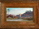 an oil painting of a man riding a horse with a group of cattle