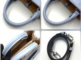 several pictures of a blue purse with a leather strap and a metal clasp