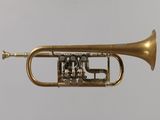 a brass trumpet that is sitting on a white surface