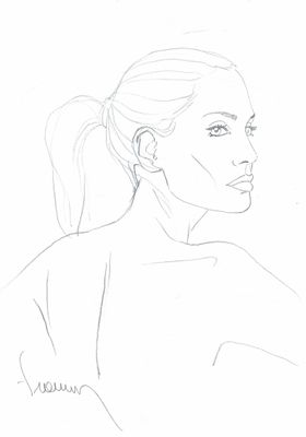 dessin au crayon représentant une femme avec une queue de cheval sur une photo en noir et blanc