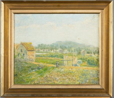 une peinture représentant un paysage avec une ferme et une maison au loin