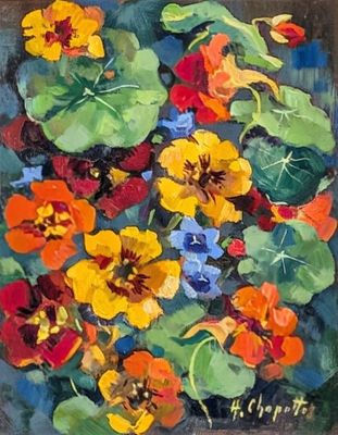une peinture à l'huile représentant des fleurs colorées dans un vase posé sur une table