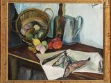 a painting of a still life with a basket of fruit on a table
