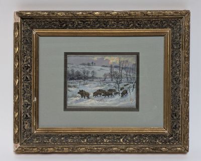 an image of a painting of a winter scene with animals in the snow
