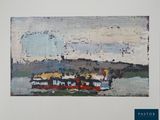 a painting of a train on the tracks by the water