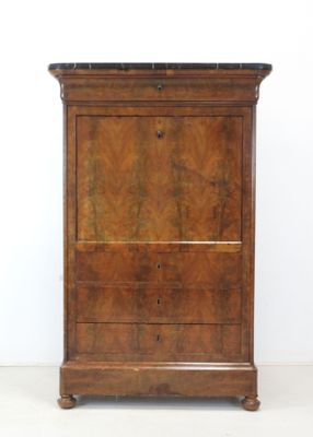 an old wooden cabinet with a marble top on a white floor