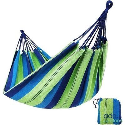 a blue and green striped hammock hanging from a rope
