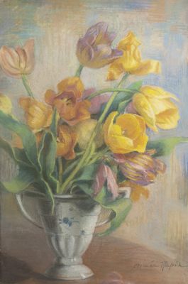 painting of a vase of yellow and pink tulips on a table