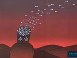 an image of a man with a head full of fish flying out of his head