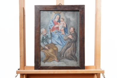 une photo d'un tableau posé sur un chevalet, représentant Jésus