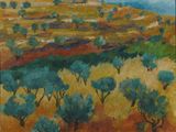 an image of a painting of a landscape with trees in the foreground