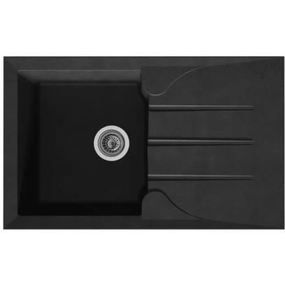 a close up of a black kitchen sink on a white background