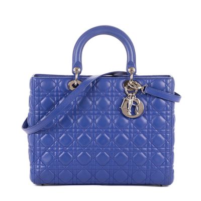 christian dior blue quilted leather medium lady dior tote bag