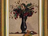 a painting of a black vase with strawberries in it