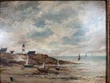 a picture of a painting of a lighthouse on the beach