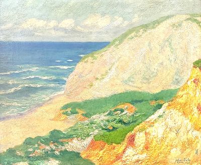 a painting of a cliff overlooking the ocean on a sunny day