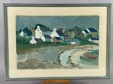 a picture of a painting of a small town by the water