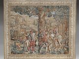 une image représentant une tapisserie sur laquelle figure un groupe de personnes dans une forêt