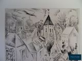 a picture of a drawing of a town with a bird flying over it