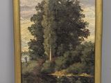 an oil painting of a landscape with trees and a river