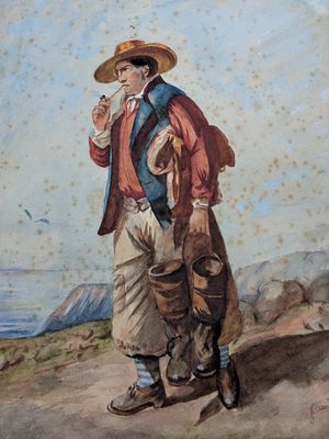 tableau représentant un homme debout sur une colline avec un chien