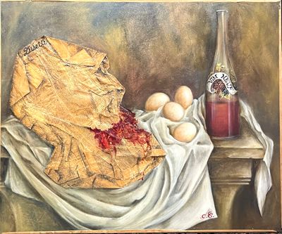 un tableau représentant un morceau de pain et des œufs posés sur une table