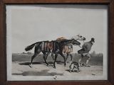 tableau représentant un homme menant un cheval dans un champ, avec un oiseau perché sur son épaule