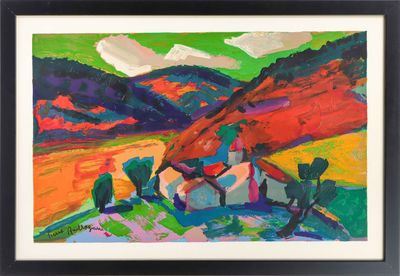 une peinture à l'huile représentant un paysage coloré avec des montagnes en arrière-plan